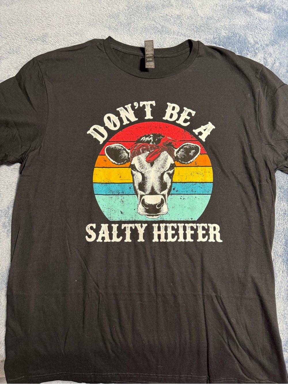 Gildan Black Tee with Retro Rainbow Cow Graphic